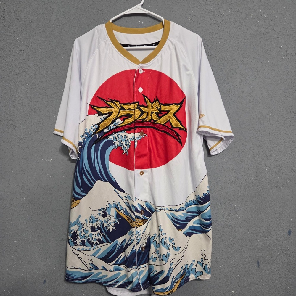 New Era Mens Bravos de leon Japanese Graphic Baseball Jersey White Gold XXL EEG